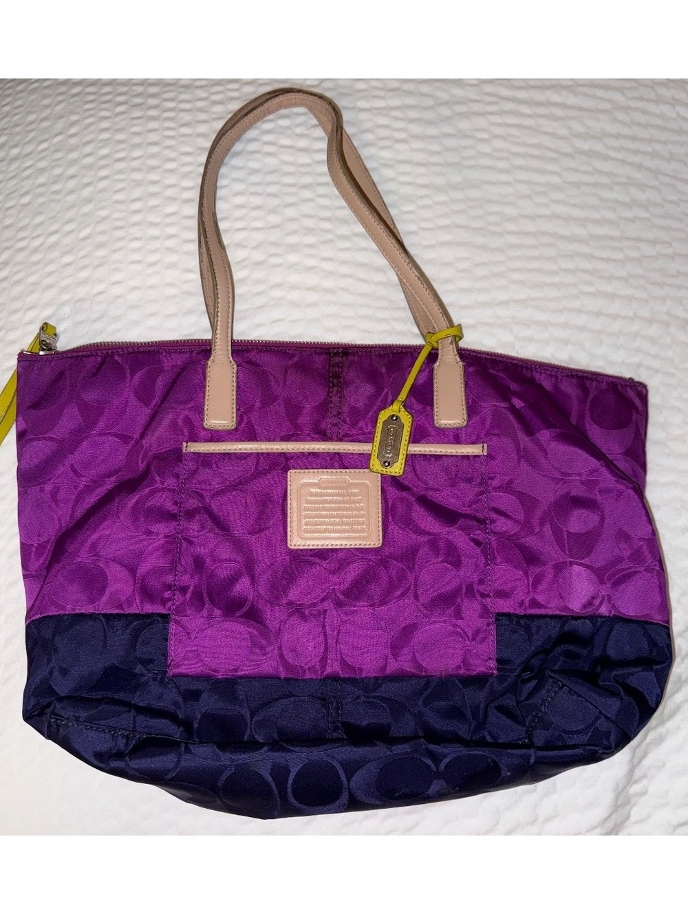 Coach Large Purple and Navy Signature Tote Bag with Beige Leather Handles